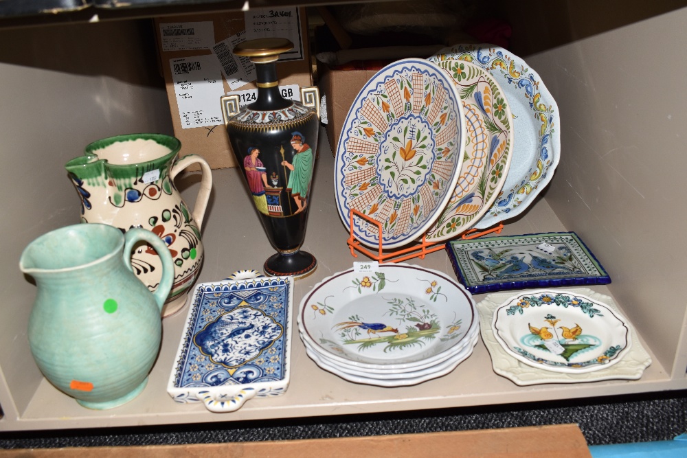 A selection of European decorated ceramics including plates and water jug