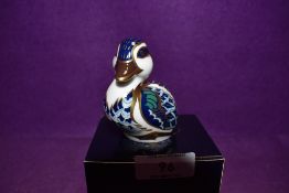 A Royal Crown Derby Paperweight Sitting Duckling, boxed and with Gold stopper