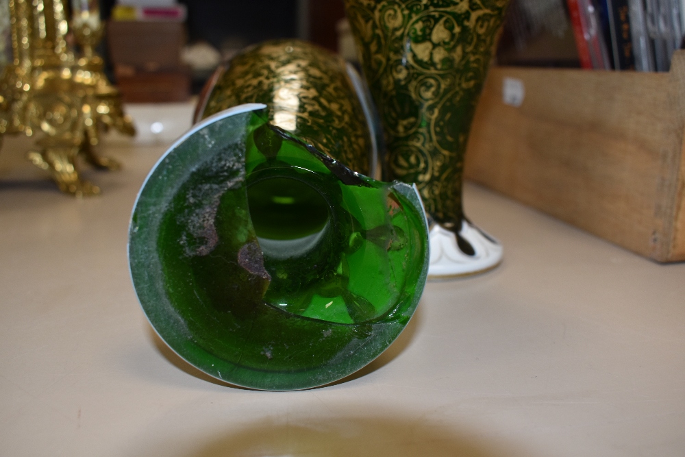 A pair of Victorian Venician style green glass vases having extensively detailed hand painted - Image 2 of 3