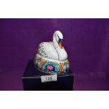 A Royal Crown Derby Paperweight Swan, boxed with Silver Stopper