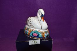 A Royal Crown Derby Paperweight Swan, boxed with Silver Stopper