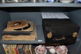 A portable wind up gramophone by Colombia with selection of 78rpm shellac records