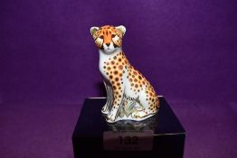 A Royal Crown Derby Paperweight Cheetah Cub, boxed with Gold Stopper