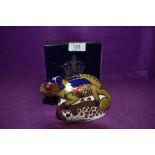A Royal Crown Derby Paperweight Cameleon, boxed with Gold Stopper