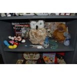 A selection of collectible items and soft toys including Micky and Minnie Playskool