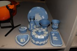 A selection of Jasper Ware ceramics by Wedgewood in traditional blue and white design