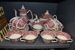 A part tea or coffee service by Masons in the Vista red and white print