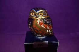 A Royal Crown Derby Paperweight Little Owl, boxed and with Gold stopper