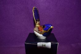 A Royal Crown Derby Paperweight Fairy Wren, boxed and with Gold stopper