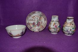 A selection of Chinese export hard paste tea wears including two well decorated sparrow beak jugs