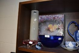 A selection of colour art glass including large blue fruit bowl and Parlane mottled vase