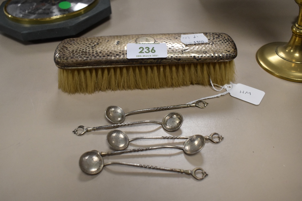 A hm silver hair brush and set of five six penny pieces