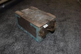 A small wooden ammunition box or similar having reinforced edges and rope handles, WK4 embossed to