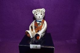 A Royal Crown Derby Paperweight Teddy Bear, boxed with Gold Stopper