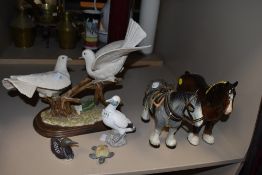 A selection of figures and figurines including two shire horse one Melba Ware and one Beswick Dove