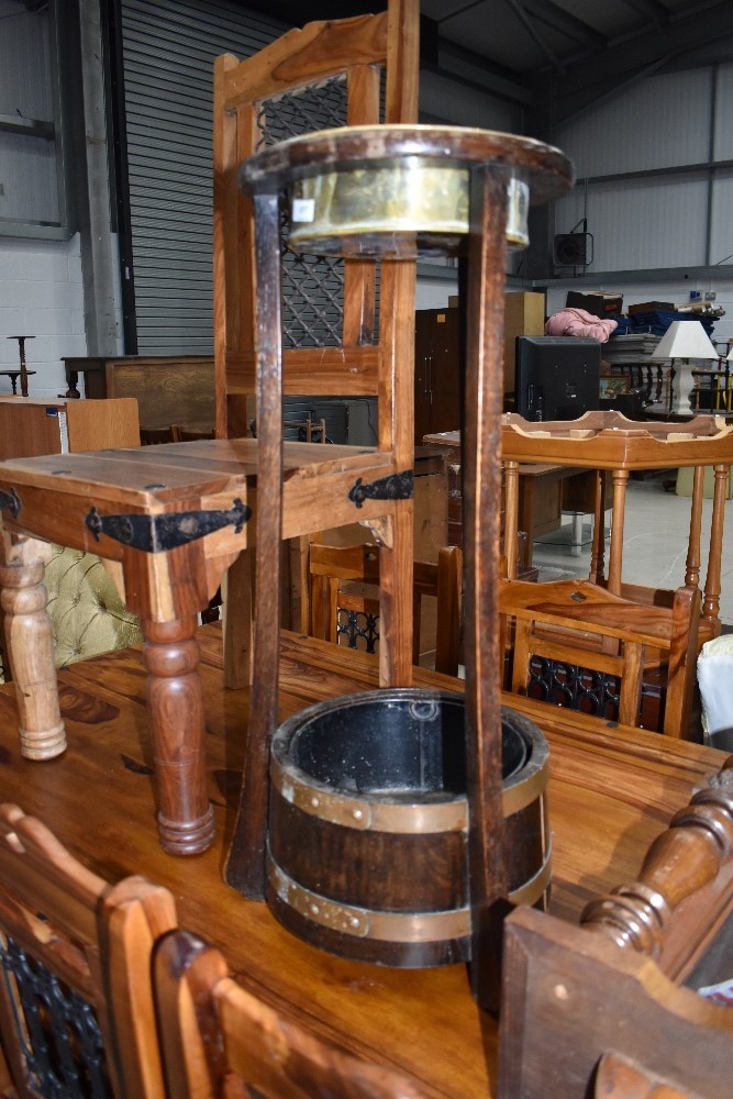 A traditional oak and brass 'spitoon' on stand