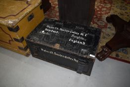 A small metal ammunition style box, impressed markings C224 LAY/C1 1942, later painted name detail