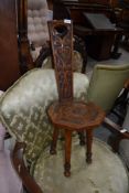 A traditional carved knitting chair, small proportions, child size, total height approx. 75cm, width