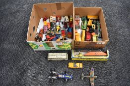A selection of mixed playworn diecasts including Spot-On Bentley Saloon, Dinky Spitfire, Mettoy Bus,