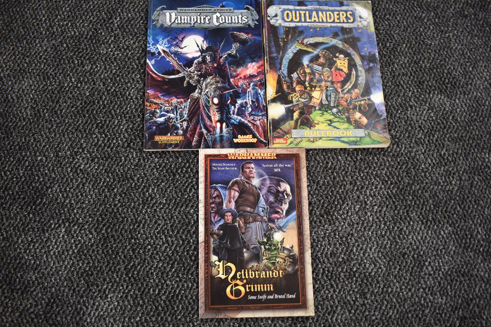 Three Games Workshop soft back volumes, Warhammer Armies Vampire Counts, Outlanders Rule book and