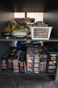 Two shelves of 1990's Lewis Galoob Toys Micro Machines Star Wars vehicles and accessories including,