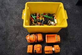 A selection of diecast and plastic vehicles and accessories including Super Toys Super Crane and