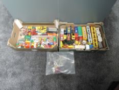 Two boxes of playworn diecasts including Britains Milk Tanker, Corgi MF Tractors, Corgi Car