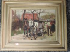 An oil painting, W Nicholson, provincial Dutch worker, 24 x 34cm, plus frame