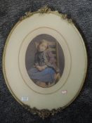 A print, after W Hunt, Diffidence, oval, C19th, attributed verso, 28 x 20cm, plus frame and glazed