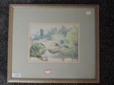 A watercolour, G H Macarthy, castle and river bridge, signed and dated 1929, 15 x 20cm, plus frame