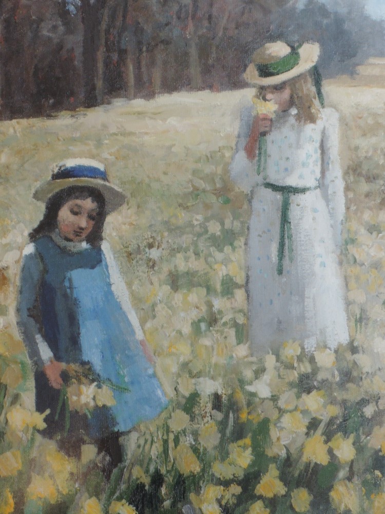 An oil painting, girls in daffodil field, 43 x 34cm, plus frame and glazed - Image 2 of 2