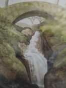 A watercolour, Childcott, waterfall, signed, 25 x 20cm, plus frame and glazed, an acrylic