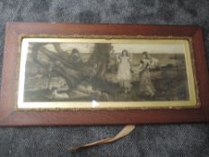 A pair of prints, after MacBeth, sepia pastoral and harvest, attributed verso, 32 x 85cm, plus frame