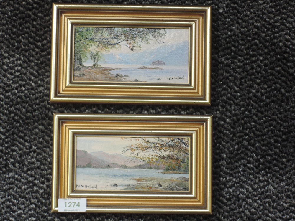A pair of oil paintings, Kate Holland, Ullswater and Derwent, 7 x 14cm, plus frame
