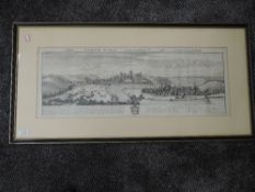 A print, after Buck, The North East Prospect of Lancaster, dated 1728, 26 x 76cm, plus frame and