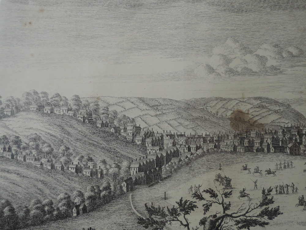 A print, after Buck, The North East Prospect of Lancaster, dated 1728, 26 x 76cm, plus frame and - Image 2 of 3