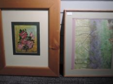 A watercolour, woodland meadow, 32 x 42cm, plus frame and glazed, and an oil painting, Sam, still