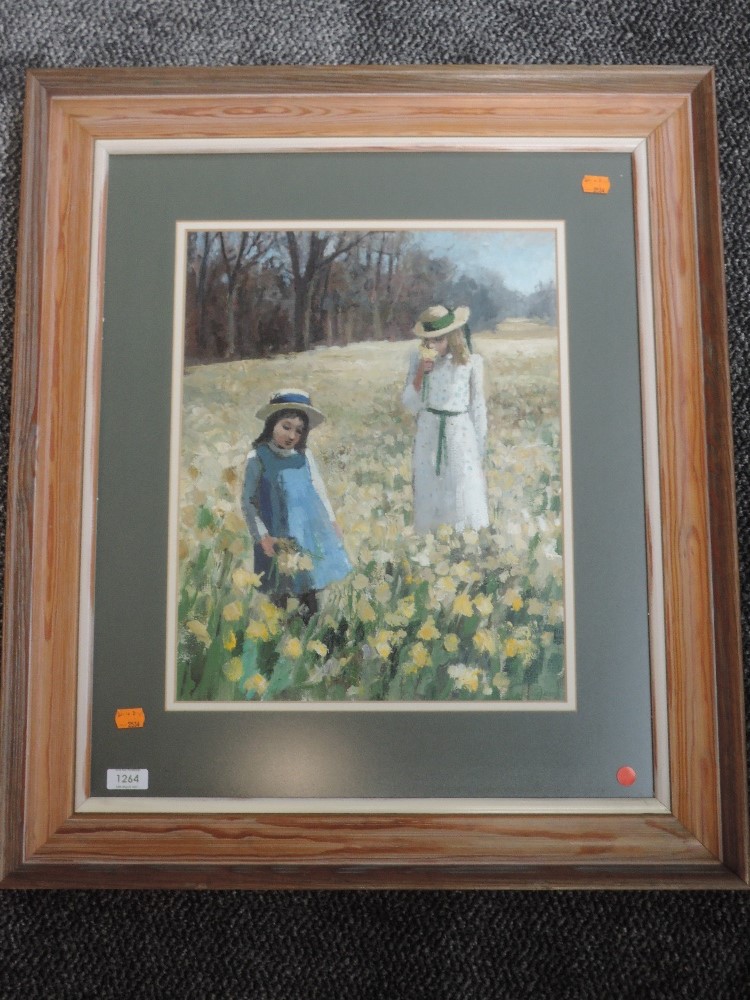 An oil painting, girls in daffodil field, 43 x 34cm, plus frame and glazed