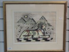 A near pair heightened prints, Egyptian themed, 26 x 36cm, plus frame and glazed