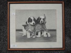A sketch, F Greenhall, puppies and kitten, signed and attributed verso, 22 x 28cm, plus frame and
