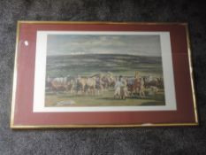 A near pair of prints, after Alfred Munnings, horse racing interest, 33 x 73cm and 40 x 62cm, plus