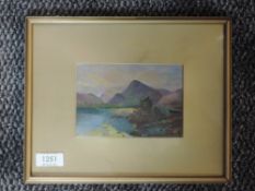 A gouache painting, Eona Firth, Scottish mountain and loch scene, 9 x 14cm, plus frame and glazed