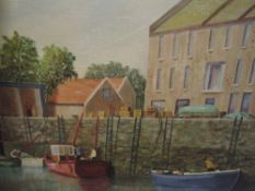 An oil painting on board, E Wilton, harbour scene, signed 37 x 52cm, plus frame, and a selection