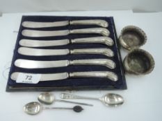 A small selection of HM silver including a set of six silver handled butter knives, a pair of