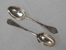 Two 17/18th Century silver dog nose table spoons having rat tail stems and oval bowls, hallmarks