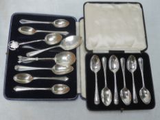 A cased set of HM silver coffee spoons (AF), four HM silver teaspoons (Mappin & Webb) a Georgian