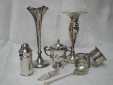 A selection of HM silver including napkin rings, pepperette, mustard pot, stem vases etc, GW