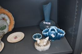 A variety of vintage blue glass including vase, basket and trinket dish,also included is a