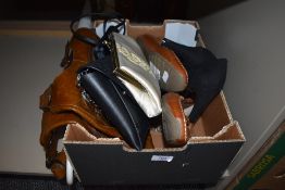 A box of good quality mixed ladies items including a pair of black high heels and a pair of brown
