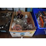 A box of mixed vintage glass including vases, decanter stoppers and more.